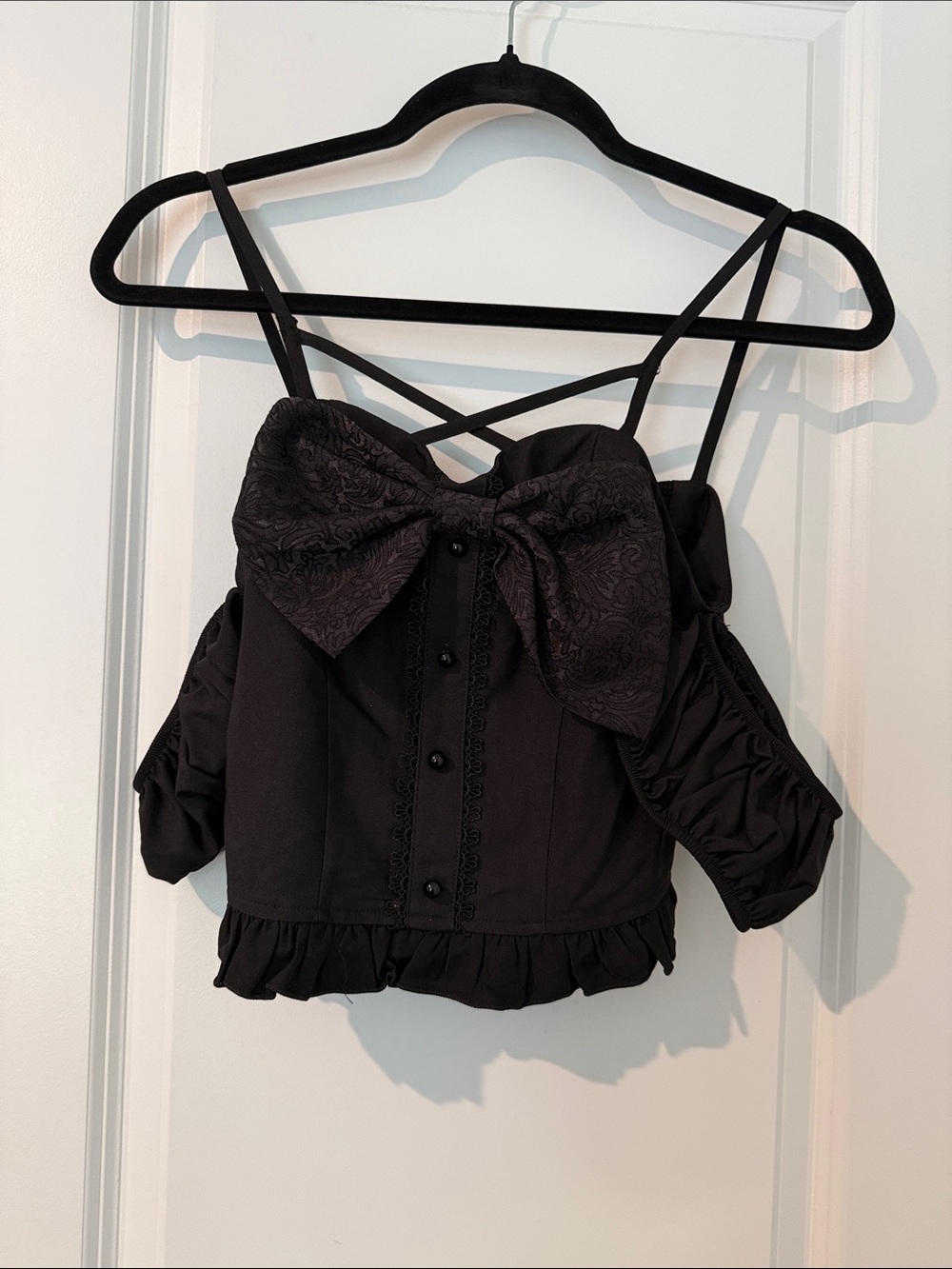 Black Bow-Front Cold-Shoulder Crop Top